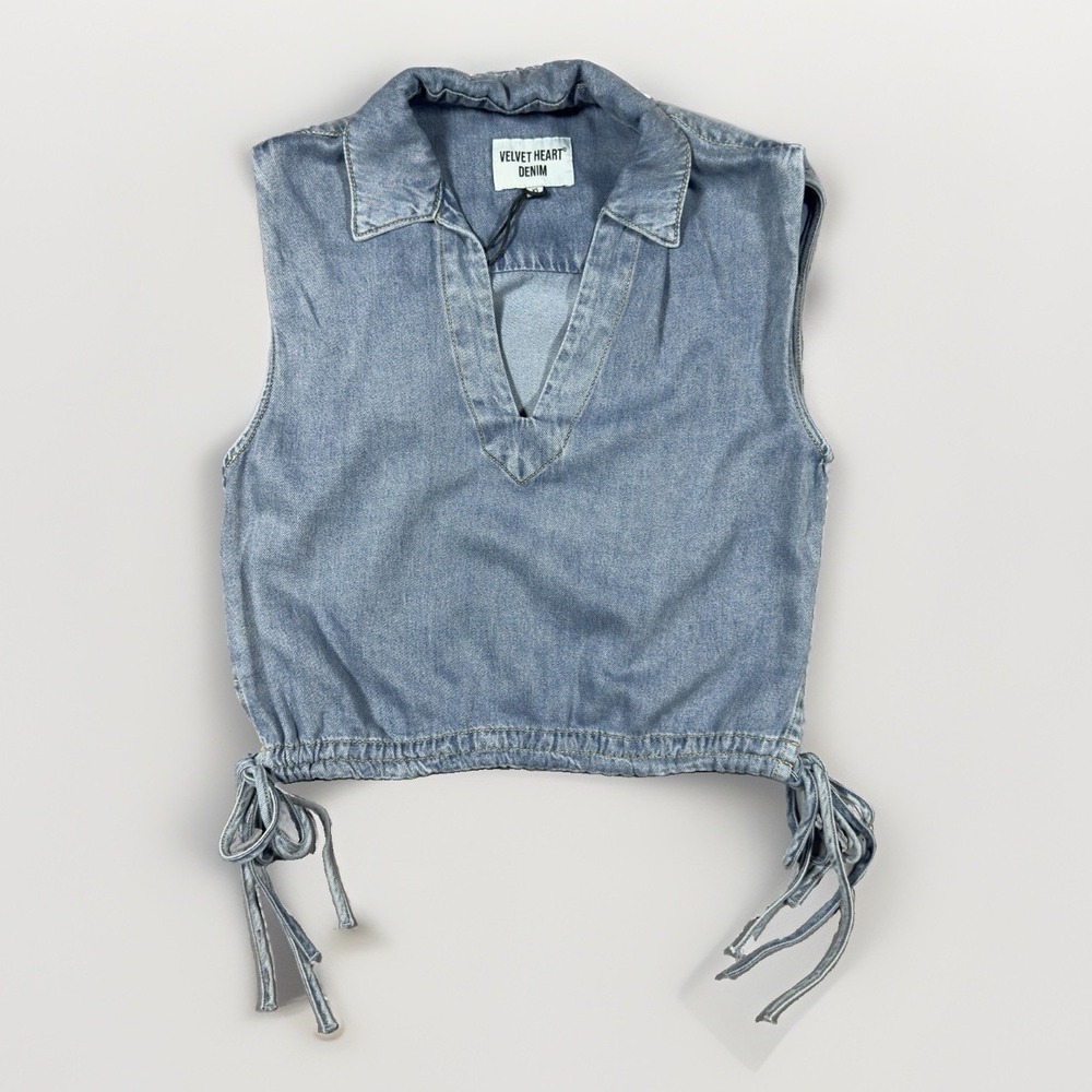 Velvet Heart Denim Crop Top Womens XS Blue Lyocell Sleeveless Side Tie NWT
